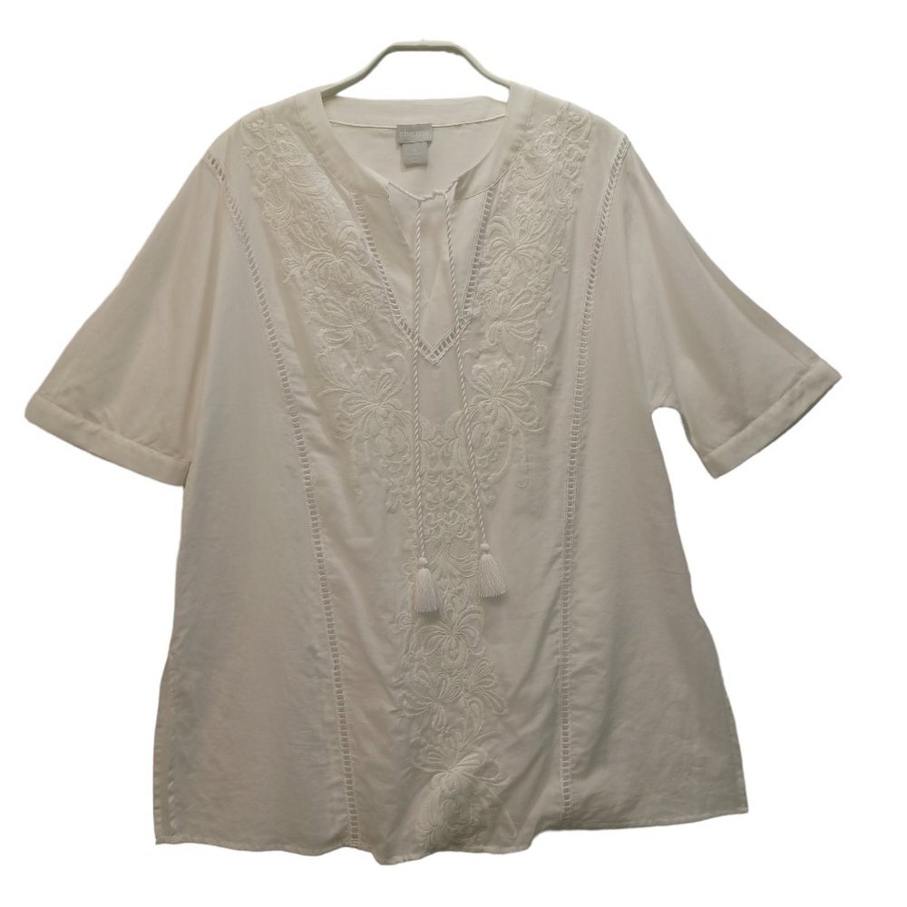 Chicos Top Womens Small White Embroidered Tunic Cover Up Cotton Tassel Tie Tee
